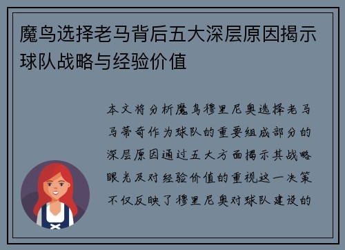 魔鸟选择老马背后五大深层原因揭示球队战略与经验价值