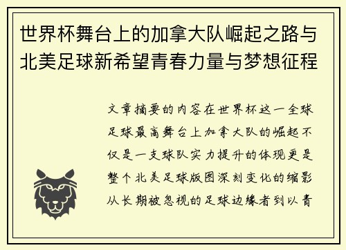 世界杯舞台上的加拿大队崛起之路与北美足球新希望青春力量与梦想征程